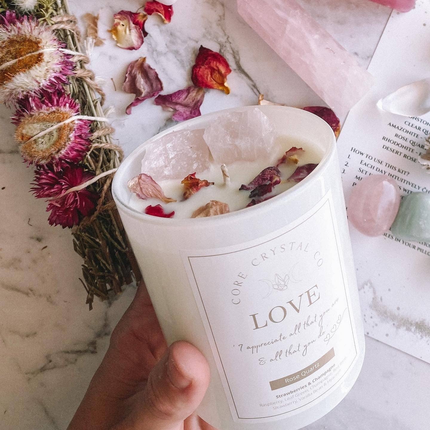 LOVE Strawberry & Champagne Crystal Infused Gift Candle - Li: White Jar