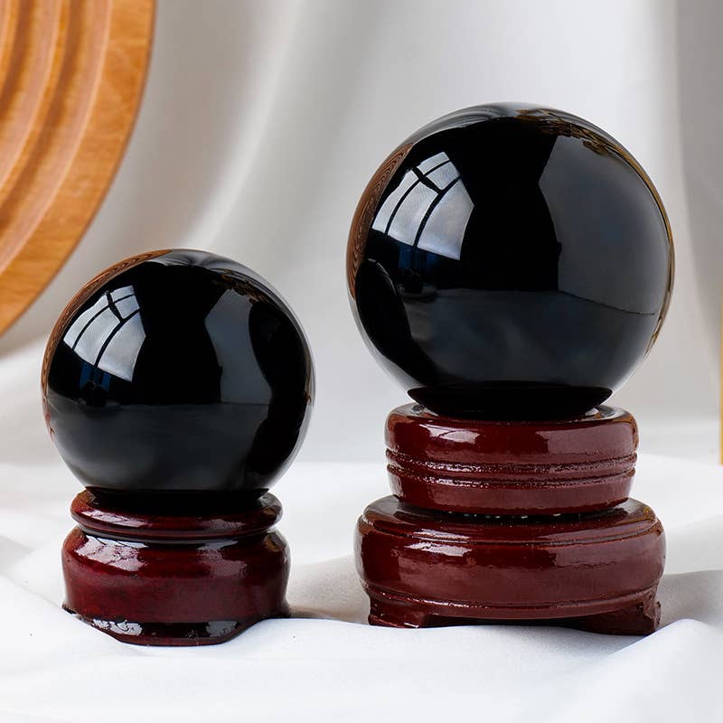 Black Obsidian Sphere - Crystal Healing, Energy Cleansing, a: 6cm. Stand not included.