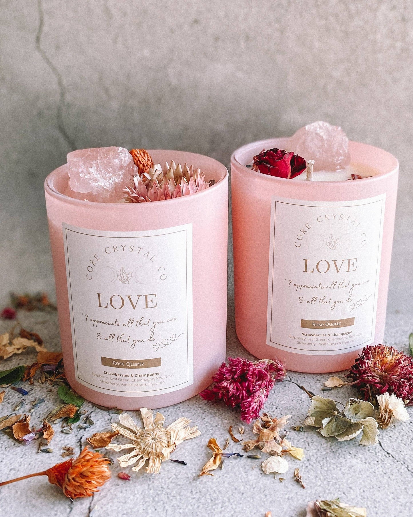 LOVE Strawberry & Champagne Crystal Infused Gift Candle - Li: White Jar