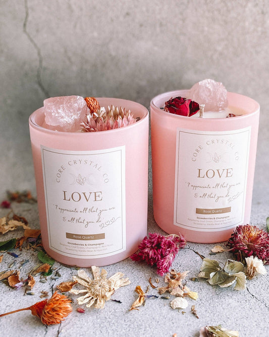 LOVE Strawberry & Champagne Crystal Infused Gift Candle - Li: White Jar